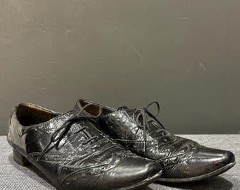 Vintage Paul Green Black Leather Oxfords, Handmade Brogues, 90s Minimalist Flats