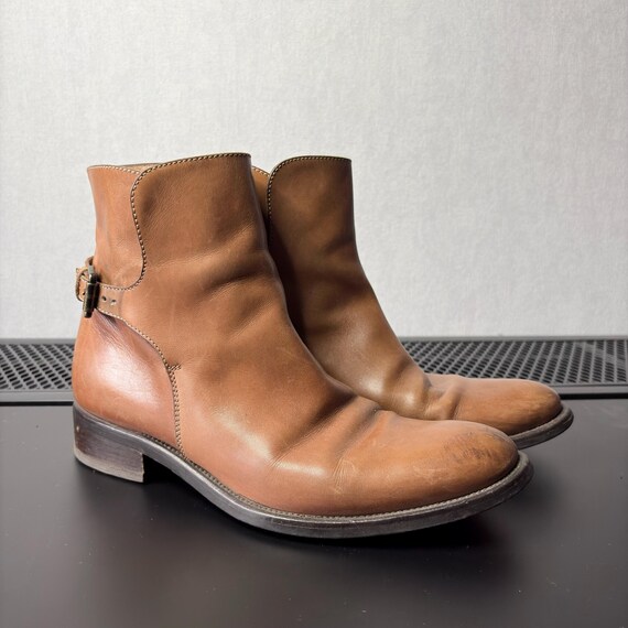 Vintage Made in Italy Brown Leather Ankle Boots Women's Low Heel Booties Stitched Sole US 6.5 EU 37