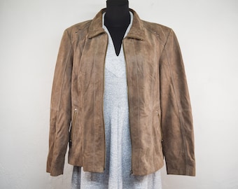 May include: A brown leather jacket with a zip fastening and two pockets on the front.
