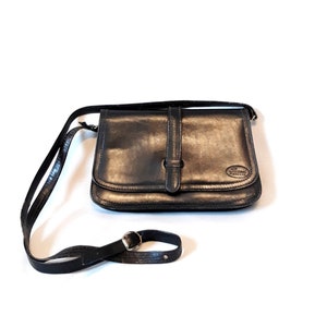 Vintage black Leather shoulder bag crossbody purse across body Made in Italy calfskin flap bag retro italian medium size