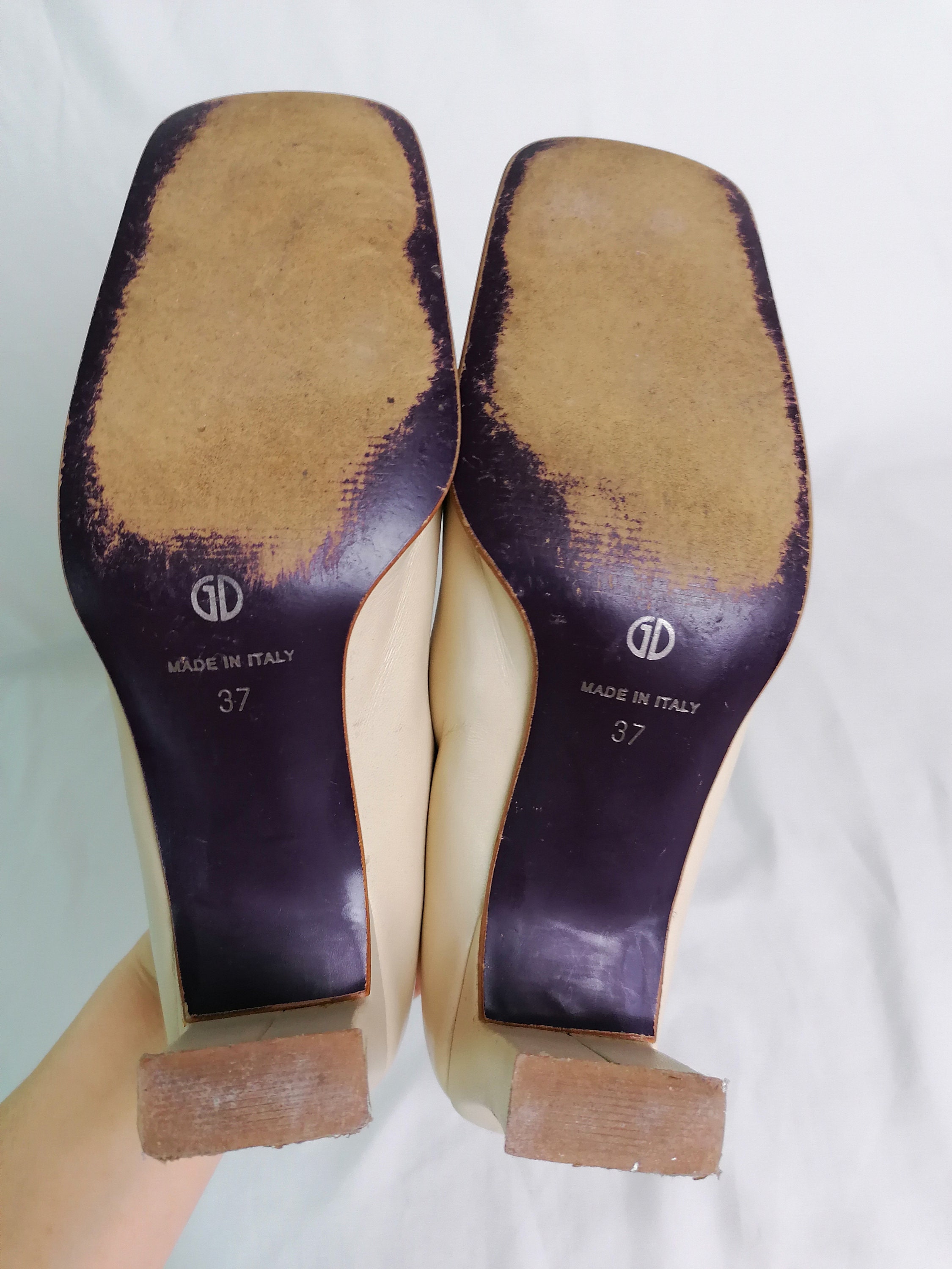 Vintage Beige Square Toe Pumps Leather Shoes Heeled Size EU