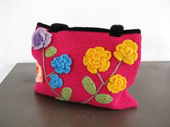 Vintage Woolen Crochet floral Tote color block Ha… - image 1