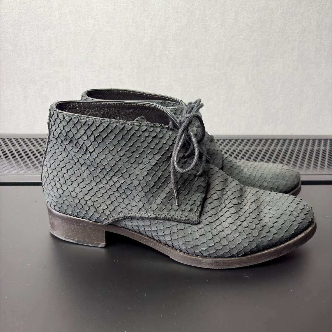 Vintage Rizzolli Manufakturizo Made in Italy Woven Leather Ankle Boots Gray Chukka Boots US 8.5 EU 39, foto 4 di 5