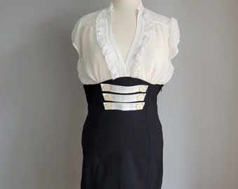 Vestido midi vintage en blanco y negro / Vestido de tela elástica con volantes sin mangas para mujer / Talla 14 / Amāya