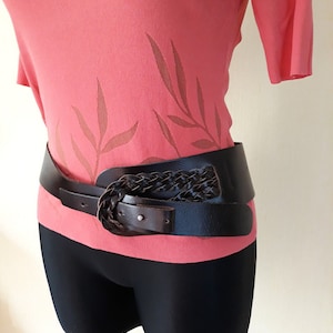 Vintage brownish black belt Genuine leather wide waistband woven women rustic 80s hip belt
