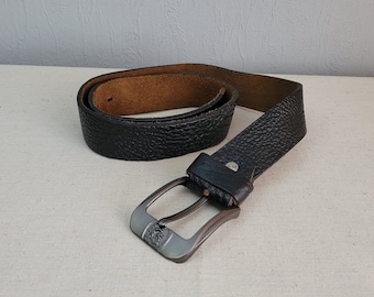 Vintage Black Leather Belt, Wide Unisex Belt with Silver Buckle, Retro Statement Waist Belt