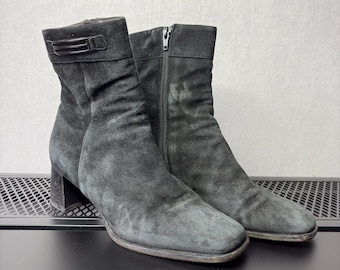 BALLY Green Suede Ankle Boots, Vintage Italian Designer Zip Booties, EU 38.5