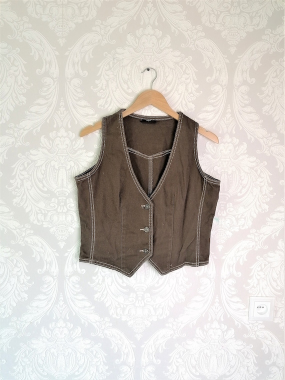 Vintage 90s Women Retro Brown Denim Vest / Cotton