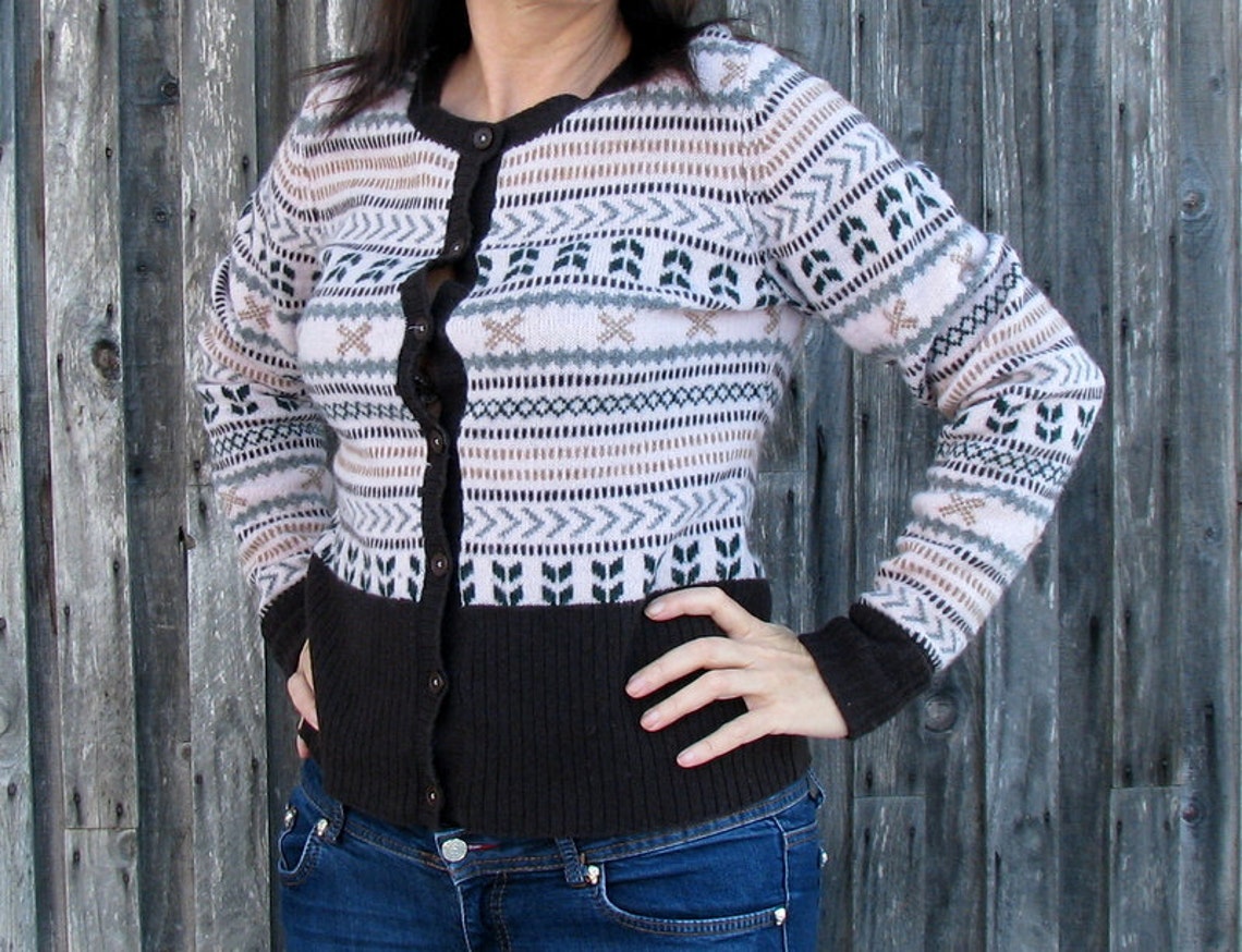 Vintage Nordic Wool Cardigan, Fair Isle Pattern, Lambswool Knit Jumper Size L, foto 1 di 5