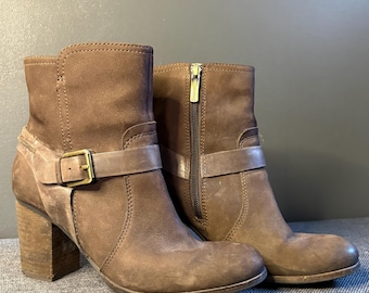 Braune Leder Stiefeletten Salamander, Biker Harness Stiefel Frauen, Chunky Heel Booties, Vintage Lederstiefel, 38EU, 7US