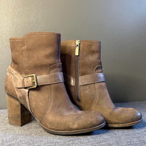 Brown Leather Biker Harness Ankle Boots, Chunky Heel Booties, Vintage Style (38EU/7US)