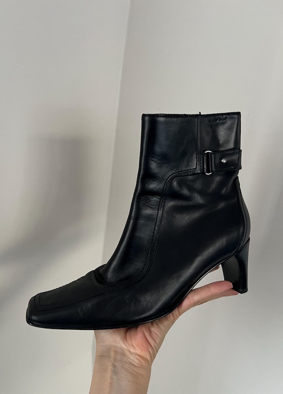 Vintage Lloyd Black Leather Ankle Boots, Square Toe Chunky Heel, 90s Minimalist Shoes