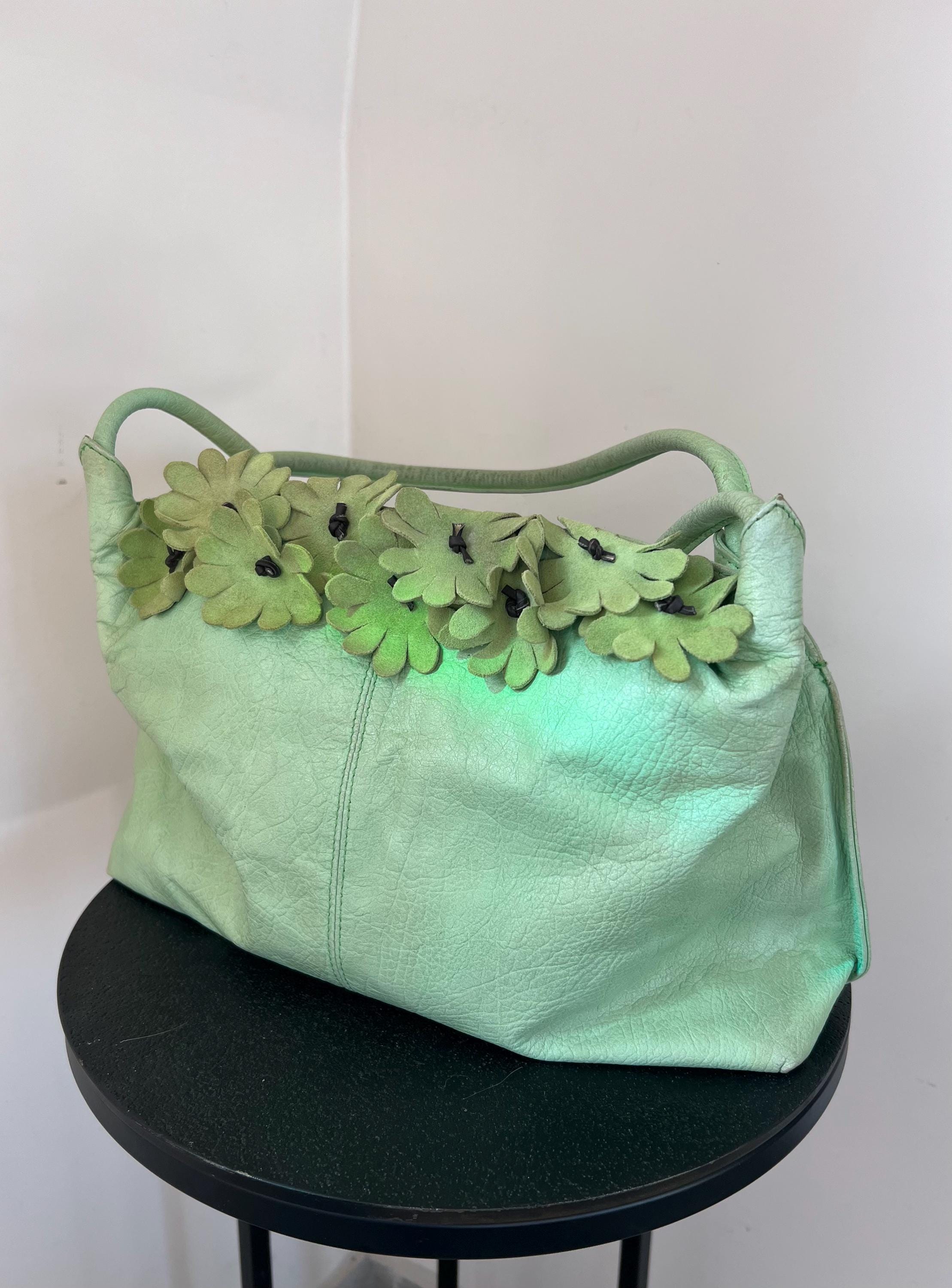 Vintage BERGĒ Light Green Leather Shoulder Bag, 3D Floral Y2K 