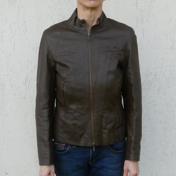 Veste en cuir marron foncé pour femme vintage, manteau Taifun minimaliste classique, taille grande