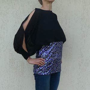 Vintage Sequin Tunic Top: Black Batwing Sleeve Disco Blouse