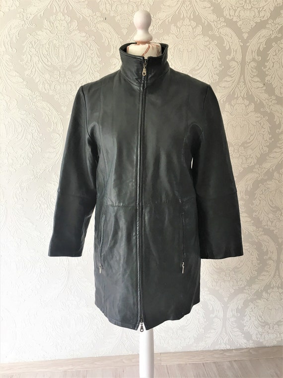 Vintage black Leather women Coat 90s Jacket Size … - image 2