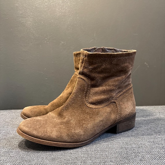Brown Suede Ankle Boots Women, CORTZ Leather Chelsea Style, Heel Fall Shoes (39EU/8.5US)