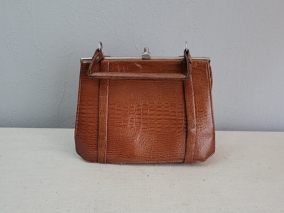 Vintage Reptile Patent Leather Framed Clasp Lock Handbag for Women in Caramel Brown