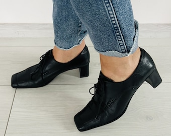 Vintage Tamaris Black Leather Square Toe Pumps, Y2K Mid Heel Court Shoes