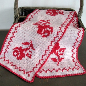Vintage Swedish Crochet Table Cloth Towel Cotton White Red Runner Handmade Scandinavian Roses Cottage decor