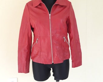 vintage red lamb leather women zip up jacket L Size EU