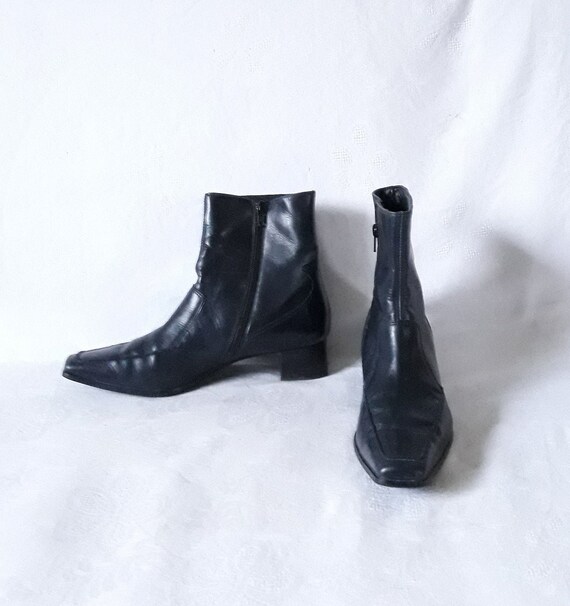 Vintage Black Leather Ankle Boots Rustic 90s Square Toe Chunky Heels Footwear Size UK 5 1/2 Made in Austria Paul Green