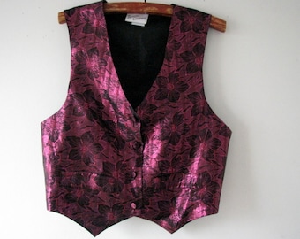 Women vintage vest Made in UK England Metalic glossy floral fabric of vest Berry, lilac color 80s vest THREES company UK Size 12