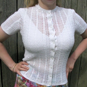 Vintage crocheted women white blouse short sleeves crochet cotton top handmade size M