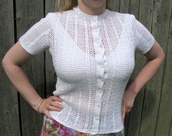 Vintage crocheted women white blouse short sleeves crochet cotton top handmade size M