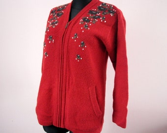 Red wool cardigan Embroidered floral Ladies Knitted red blazer Autumn Fall clothing pure wool FRIDAY Casual wear L size