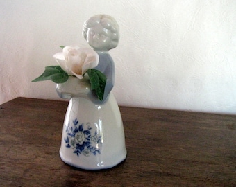 Sweden pottery ceramic Girl Figurine Scandinavian Ceramic girl Vintage Swedish Glazed Women holding white rose Ceramic Vase Figurine