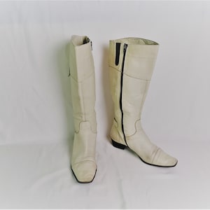 Vintage Italiaanse leren knielaarzen ivoor beige echt leer vierkante teen dames dames maat 37 EU cowgirl western gemaakt in Italië