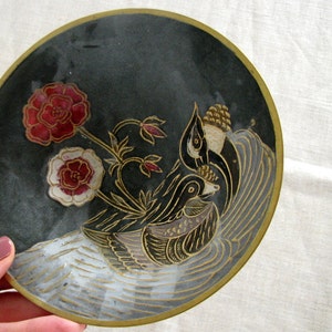 Cloisonne Solid Brass Bowl Enameled brass Jewelry Storage Floral, Leaf and Ducks Designs Flower Leaves Pattern Home Decor