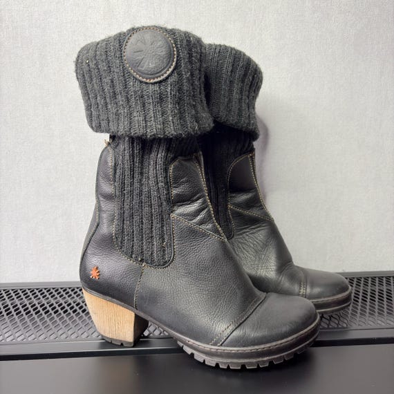 Vintage ART Company Leather Knit Boots, Black Sock Boots, Wood Heel, US 7, EU 37, 90s Y2K