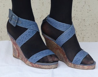 vintage blue woven sandals summer vegan leather wedges platform shoes Dana Buchman Size UK 7