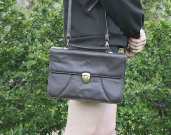 Vintage dark brown Leather ladies bag shoulder briefcase women structured purse