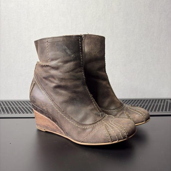 Vintage FLY London Leather Wedge Boots, Brown Ankle Boots, US 6.5 EU 37
