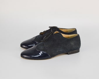 Vintage Suede Wingtip Derby Shoes: Black Leather, Made in Italy EU 38 US 7.5