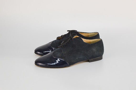 Vintage Suede Wingtip Derby Shoes: Black Leather, Made in Italy EU 38 US 7.5