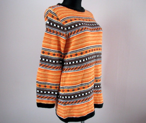Vintage Hand Knit Wool Cotton Sweater Orange Brown Striped Cardigan Boho 70s 80s Retro Jumper