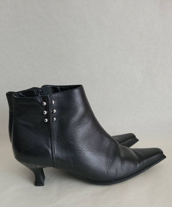 Vintage Black Leather Ankle Boots: Y2K Kitten Heels Pointy Square Toes (EU37/US6.5)