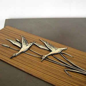 70s vintage wall hanging brown wall decor birds picture USSR era Latvia Nature golden tone birds