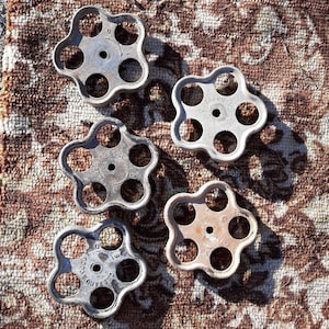 Peut inclure: Cinq poignées en métal antique en forme de fleur avec six trous chacune. Les poignées sont argentées et portent le texte "SELENARO & C.OCCHI".