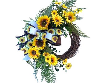 Fall Sunflower Wreath for Front Door, Autumn Floral Wreath, Farmhouse Fall Decor, Yellow Flower Wreath, Rustic Grapevine Door Wreath