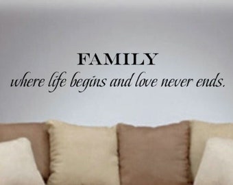 Family wall decal - Vinyl Wall Quote - wall decal sticker - FAMILY Where life begins and life never ends - Wall Vinyls decals arts