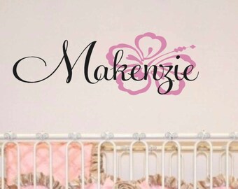 Girls Personalized Wall Decal - Nursery Wall Decal - Hibiscus Name Vinyl Wall Decal -  Girls wall decal