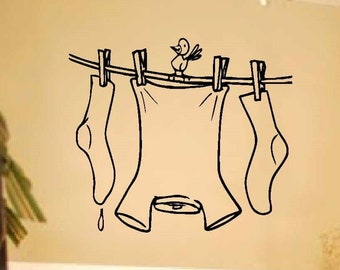 laundry room decor - wall art - cute Clothes line with bird - laundry wall sticker - 5 sizes available - laundry room decal