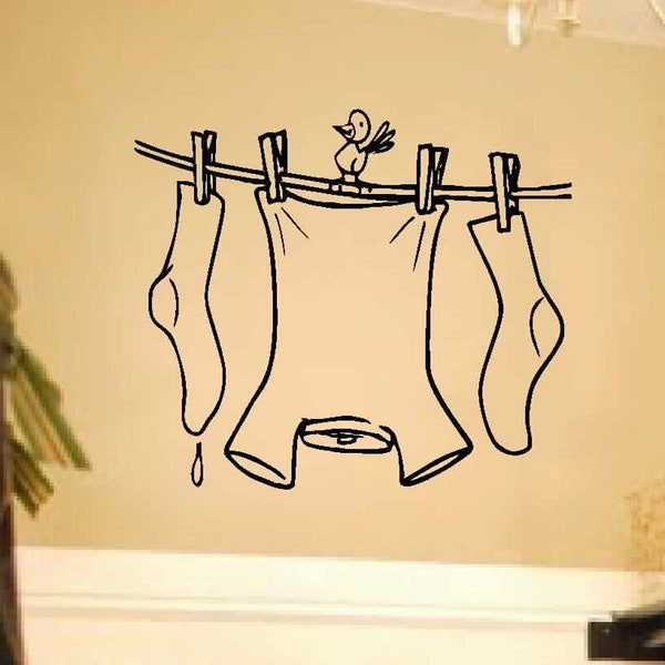 laundry room decor - wall art - cute Clothes line with bird - laundry wall sticker - 5 sizes available - laundry room decal