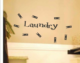 Laundry room Wall Decor - Laundry room decal - Laundry with 9 clothes pins Vinyl Wall Art - Laundry Vinyl Lettering - vinyl wall quotes