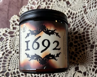 1692, Wooden Wick Soy Wax Candle, Sultry, Mysterious, Warm and Comforting-  Oud, Frankincense, Myrrh, Ember, Salem